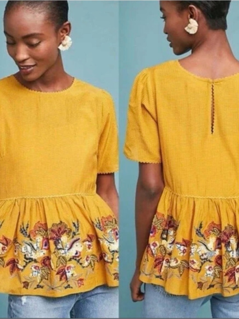NWT Bhanuni by Jyoti for Anthropologie Dariela Gold Embellished Peplum Top XS